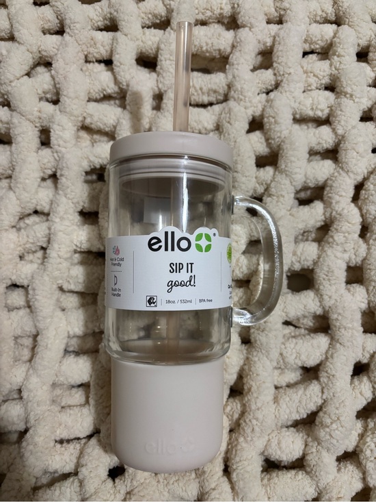 Ello Other - Ello Sip It Good! Glass Tumbler with Handle and Straw - Cream